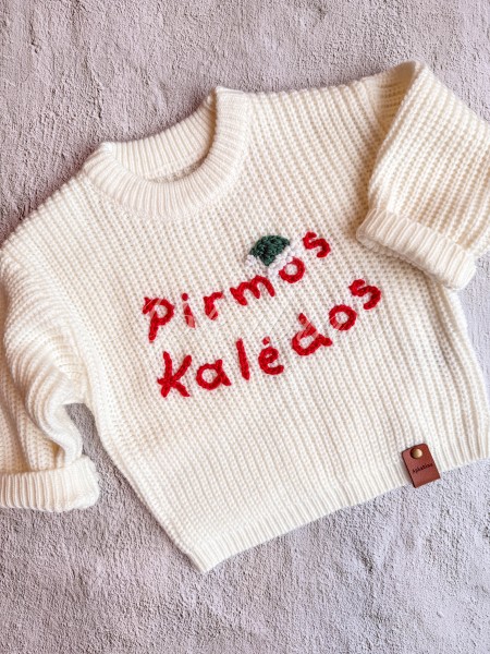 Pieno baltumo kalėdinis megztukas PIRMOS KALĖDOS, 3-12 mėn