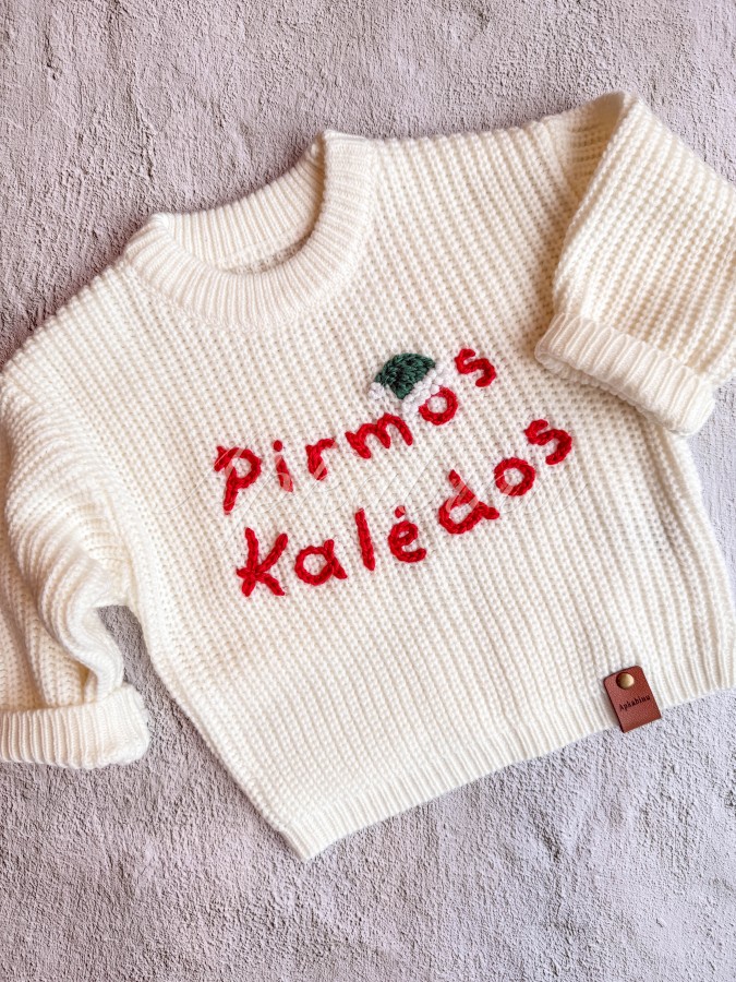 Pieno baltumo kalėdinis megztukas PIRMOS KALĖDOS, 3-12 mėn