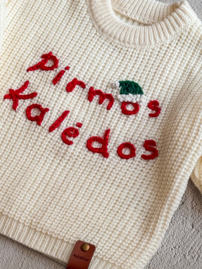 Pieno baltumo kalėdinis megztukas PIRMOS KALĖDOS, 3-12 mėn