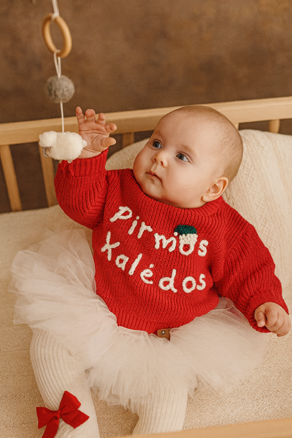 Raudonas kalėdinis megztukas PIRMOS KALĖDOS, 3-12 mėn